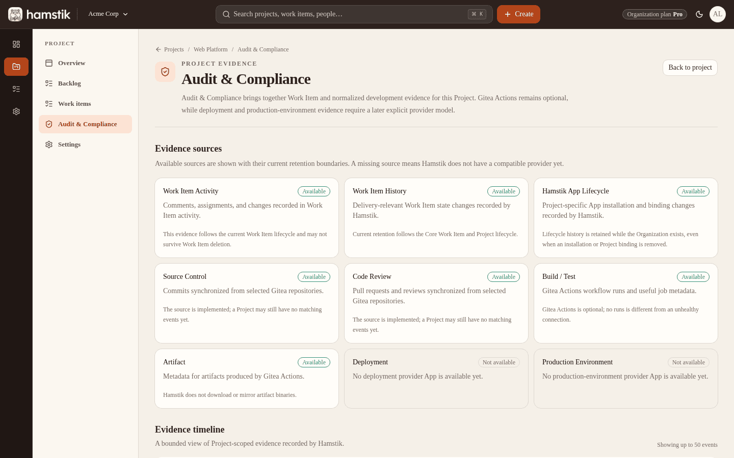 Hamstik Audit and Compliance evidence timeline with source filters