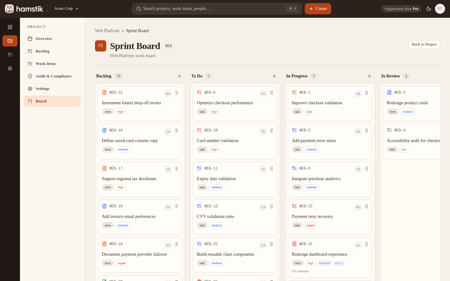 Hamstik Board showing Work Items across delivery status columns