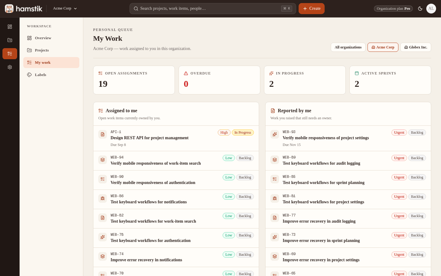 Hamstik My Work view showing assigned work, reviews, and mentions