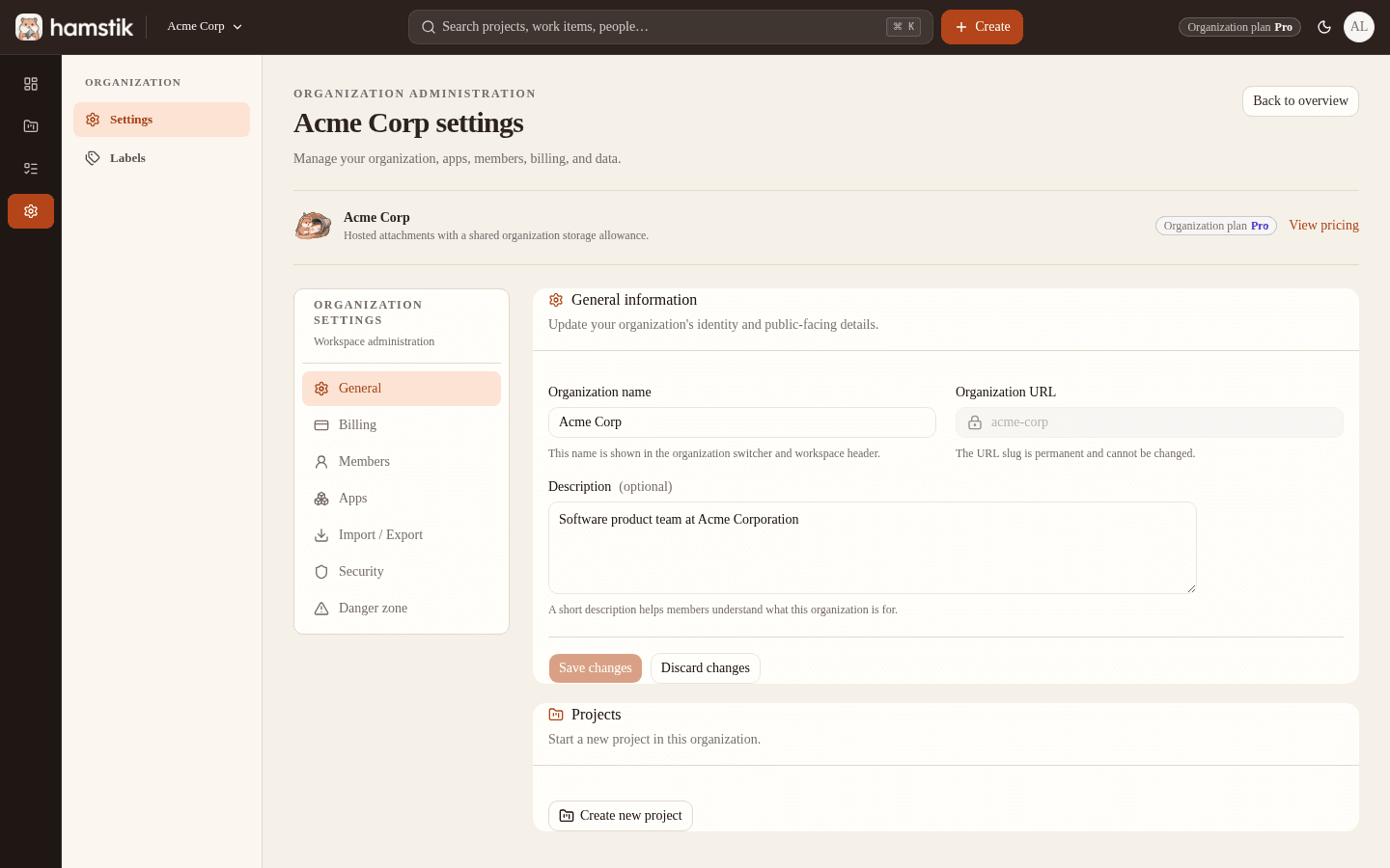 Hamstik Organization settings showing members, plan, and import and automation controls